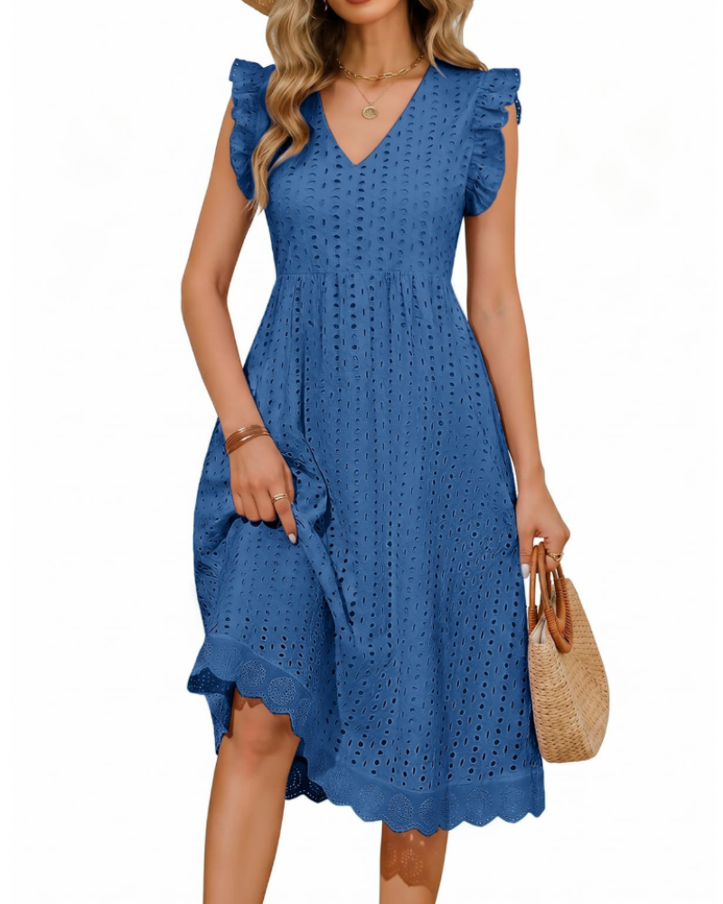 Vestido largo celeste para mujer de algodón – escote en V, detalles calados y bolsillos