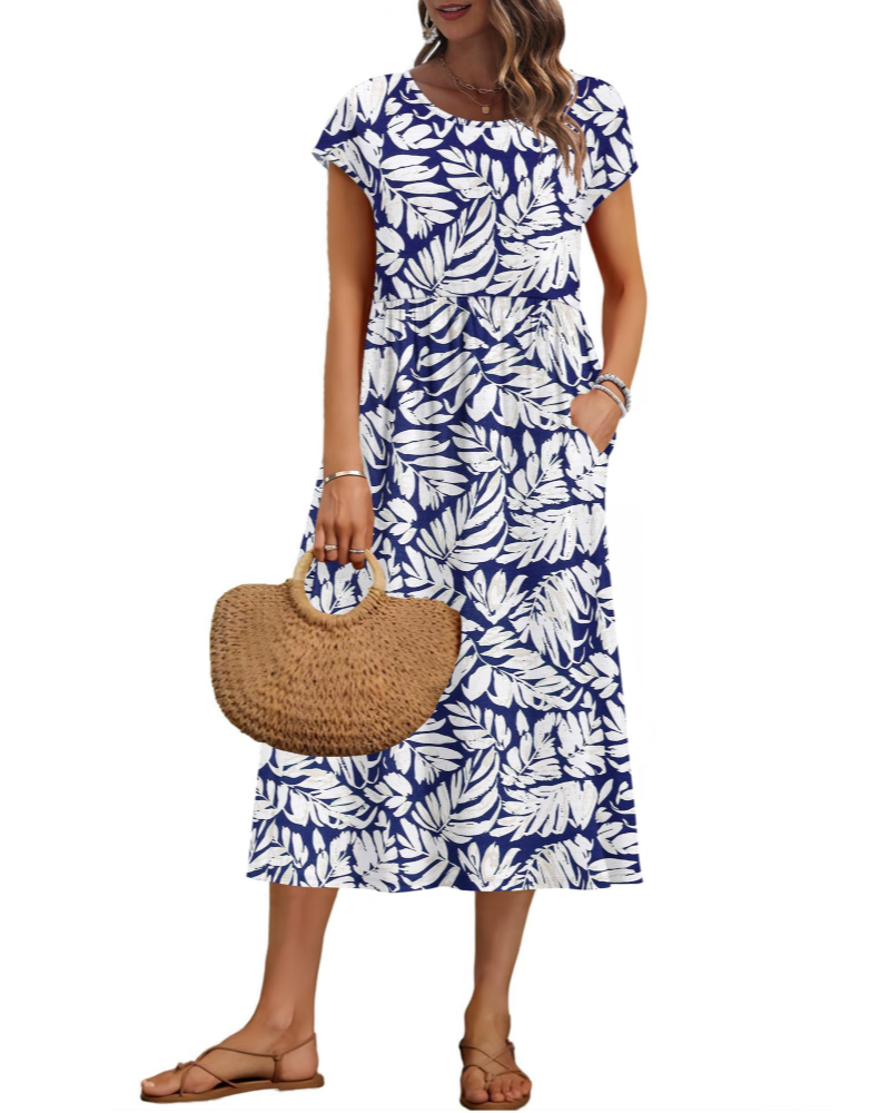 Vestido midi de mujer Whitney – Cuello redondo, mangas cortas, corte en A y bolsillos
