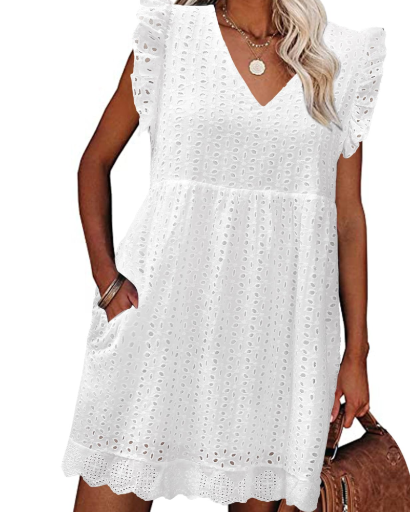Miranda Vestido de verano para mujer de algodón – Escote en V, encaje jacquard, volantes y bolsillos