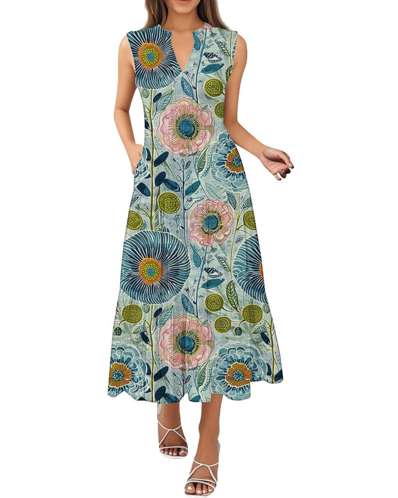 Vestido largo de verano para mujer Daphne – escote halter, estampado vibrante y bolsillos laterales
