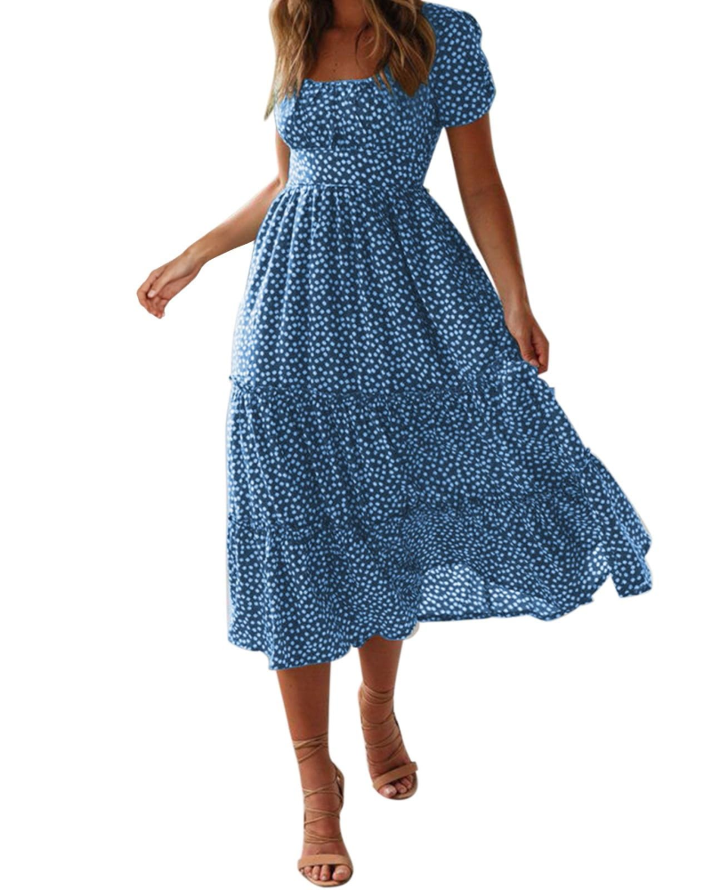 Eudora Vestido de verano floral para mujer – escote cuadrado, espalda anudada y volantes