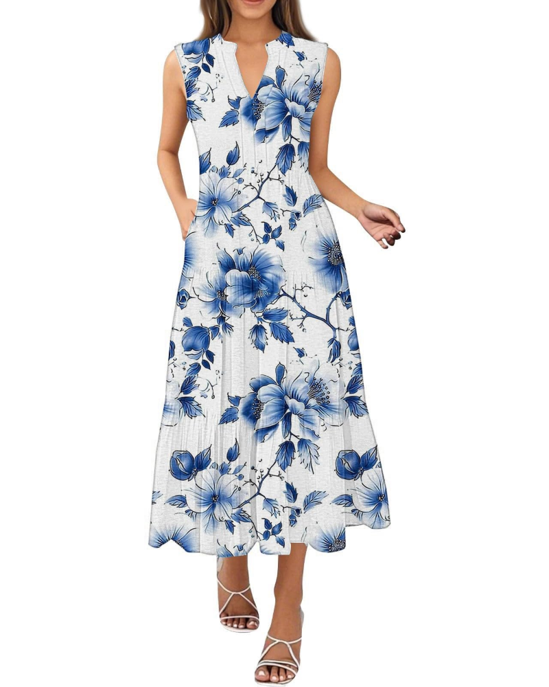 Vestido largo de verano para mujer Daphne – escote halter, estampado vibrante y bolsillos laterales