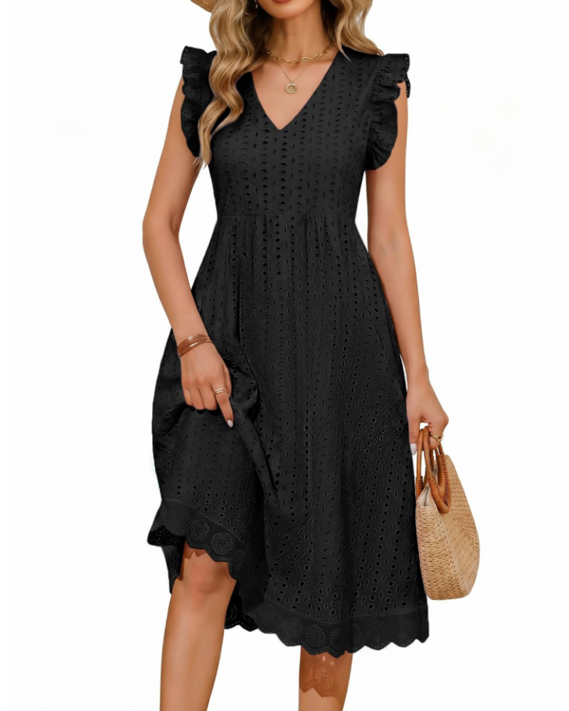 Vestido largo celeste para mujer de algodón – escote en V, detalles calados y bolsillos