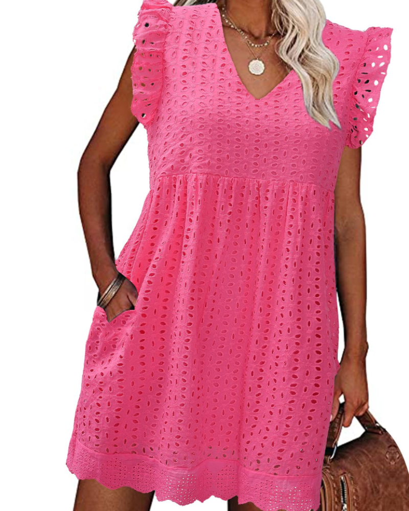 Miranda Vestido de verano para mujer de algodón – Escote en V, encaje jacquard, volantes y bolsillos