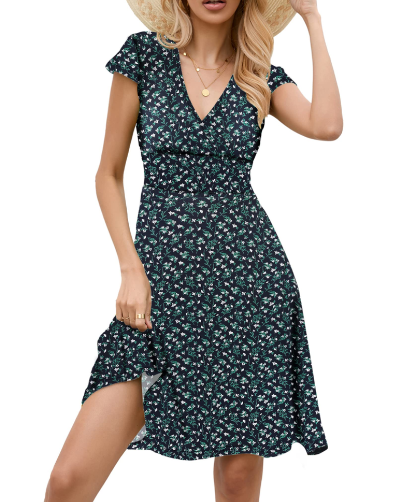 Lenora Vestido de Mujer Elegante – Escote en V, Mangas Cortas y Falda de Línea A