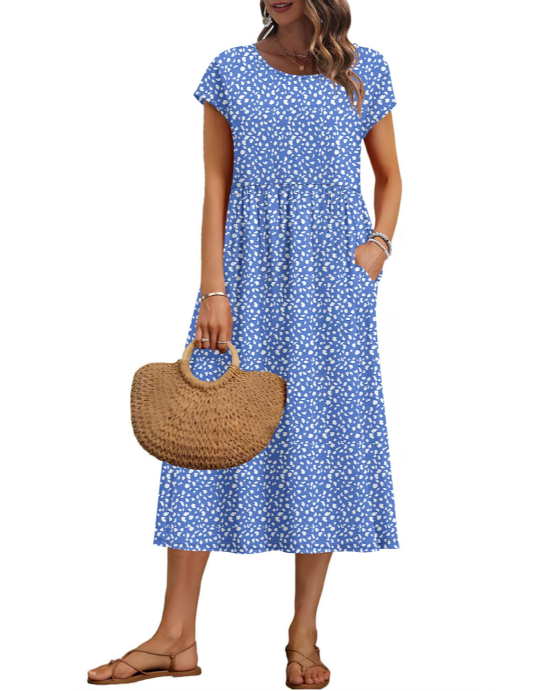 Vestido midi de mujer Whitney – Cuello redondo, mangas cortas, corte en A y bolsillos