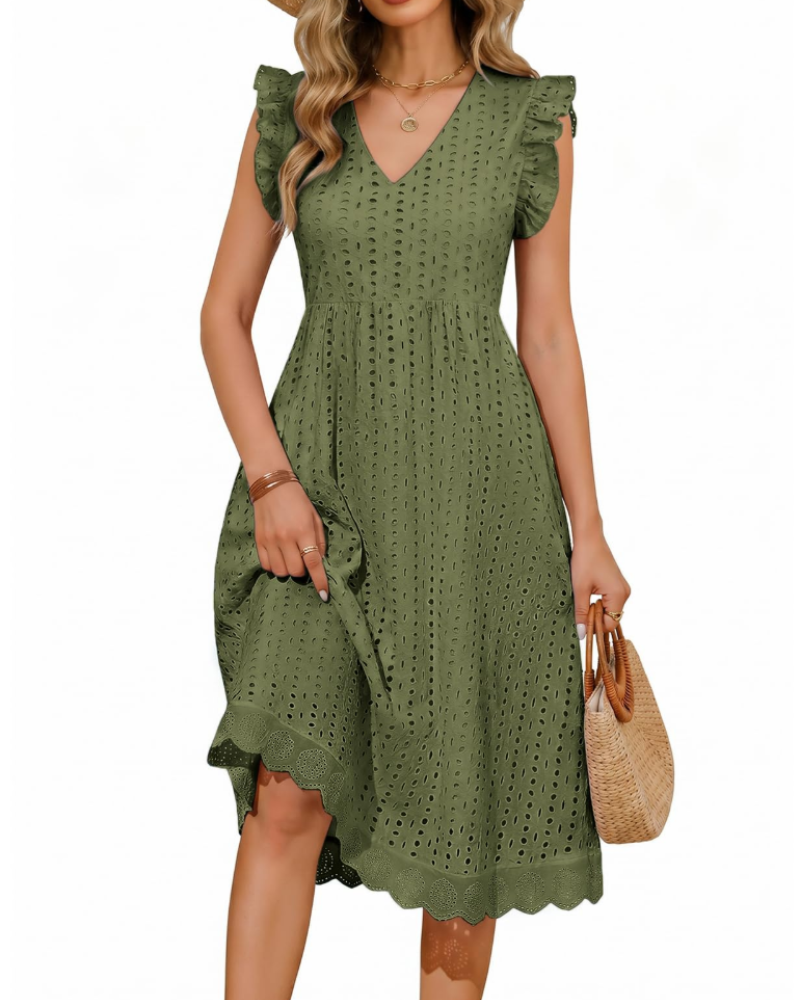 Vestido largo celeste para mujer de algodón – escote en V, detalles calados y bolsillos