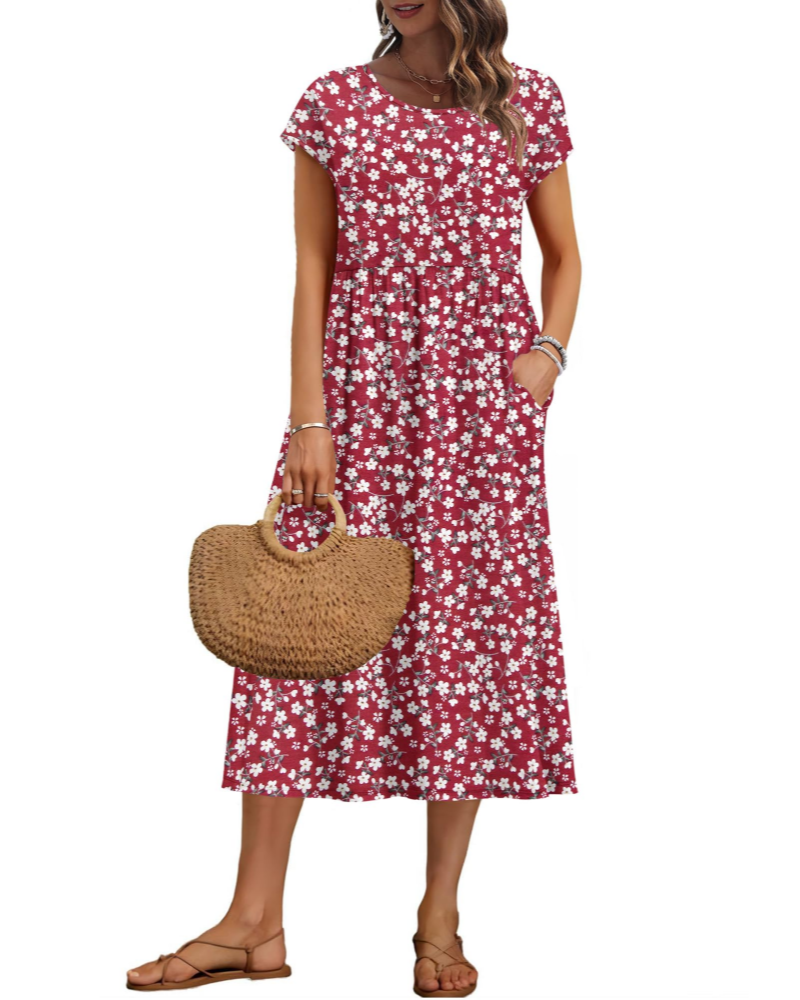 Vestido midi de mujer Whitney – Cuello redondo, mangas cortas, corte en A y bolsillos