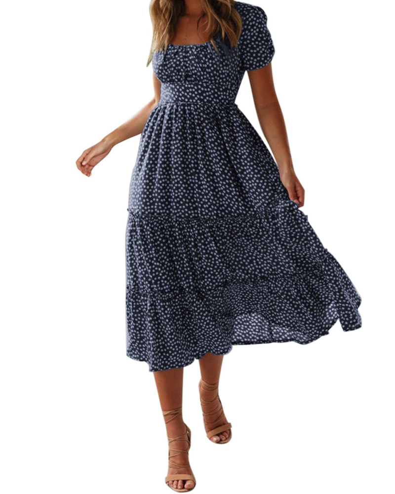 Eudora Vestido de verano floral para mujer – escote cuadrado, espalda anudada y volantes