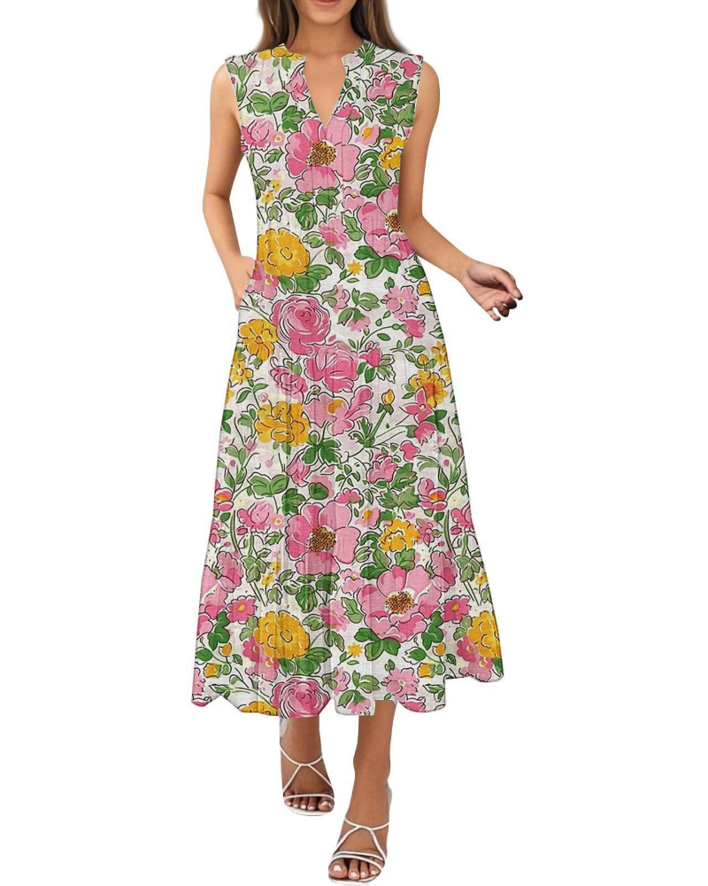 Vestido largo de verano para mujer Daphne – escote halter, estampado vibrante y bolsillos laterales