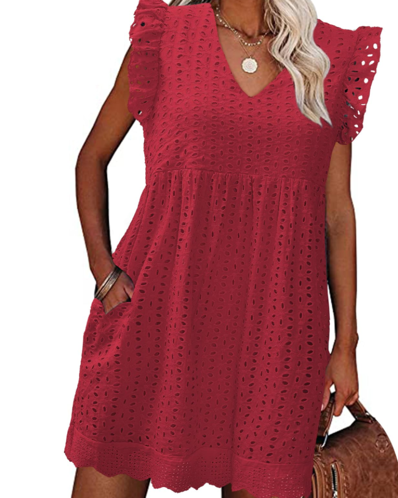 Miranda Vestido de verano para mujer de algodón – Escote en V, encaje jacquard, volantes y bolsillos