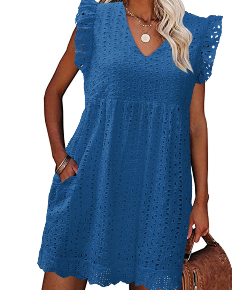Miranda Vestido de verano para mujer de algodón – Escote en V, encaje jacquard, volantes y bolsillos