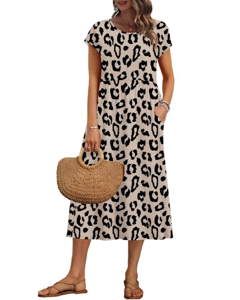 Vestido midi de mujer Whitney – Cuello redondo, mangas cortas, corte en A y bolsillos