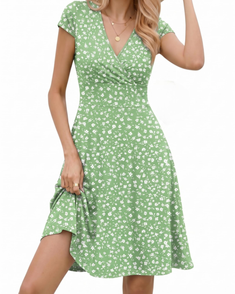 Lenora Vestido de Mujer Elegante – Escote en V, Mangas Cortas y Falda de Línea A