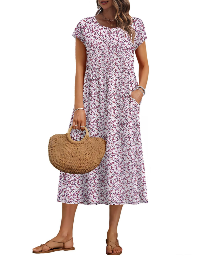 Vestido midi de mujer Whitney – Cuello redondo, mangas cortas, corte en A y bolsillos