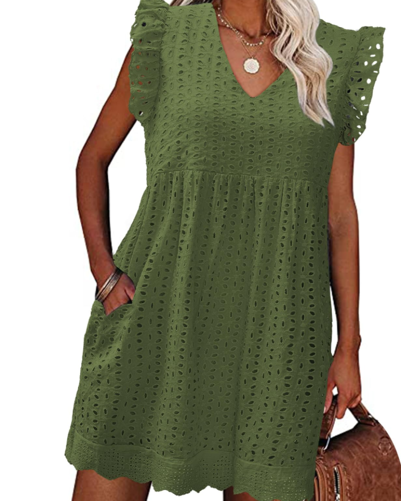 Miranda Vestido de verano para mujer de algodón – Escote en V, encaje jacquard, volantes y bolsillos