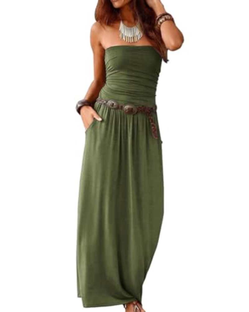 Eliana Women's Maxi Dress – Bandeau Design, Off-the-Shoulder, Pockets, and Boho Style