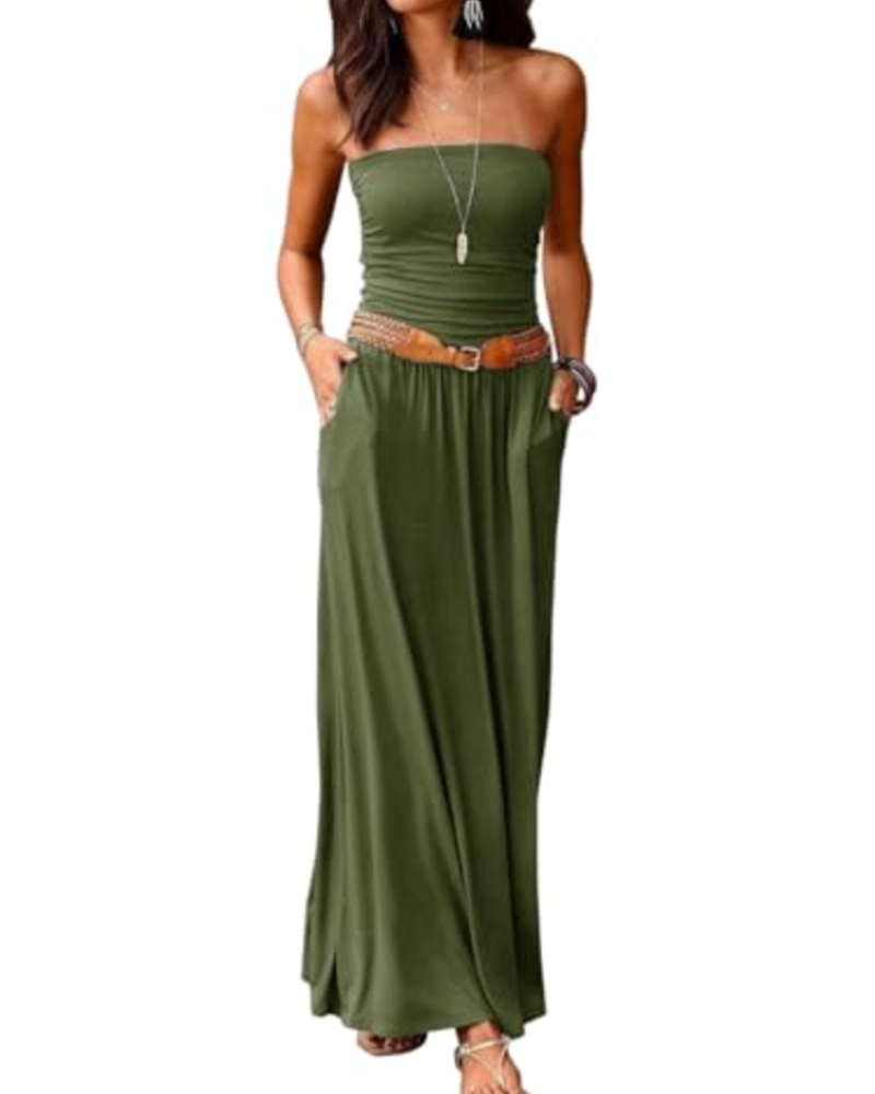 Eliana Women's Maxi Dress – Bandeau Design, Off-the-Shoulder, Pockets, and Boho Style