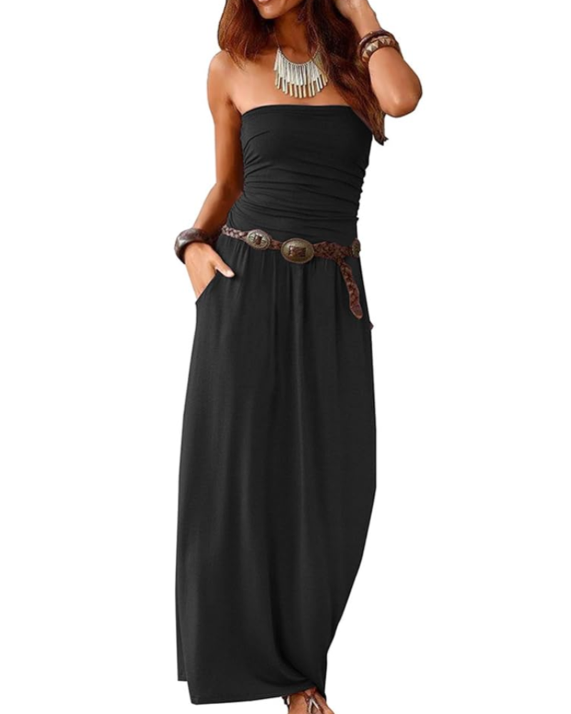 Eliana Women's Maxi Dress – Bandeau Design, Off-the-Shoulder, Pockets, and Boho Style