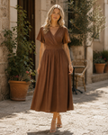 Brynn Vestido Largo de Mujer – Escote en V, Mangas con Volantes y Cintura Elástica