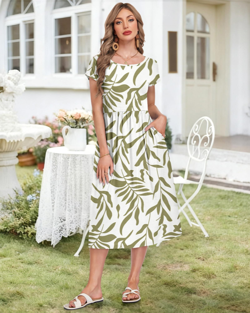 Audrey Vestito Donna Midi – Girocollo, Maniche Corte, Tasche & Vita Alta