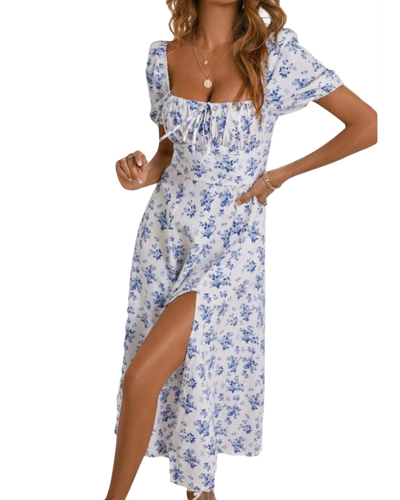 Delilah Abito Maxi Donna – Boho květinové šaty se čtvercovým výstřihem a krátkými rukávy
