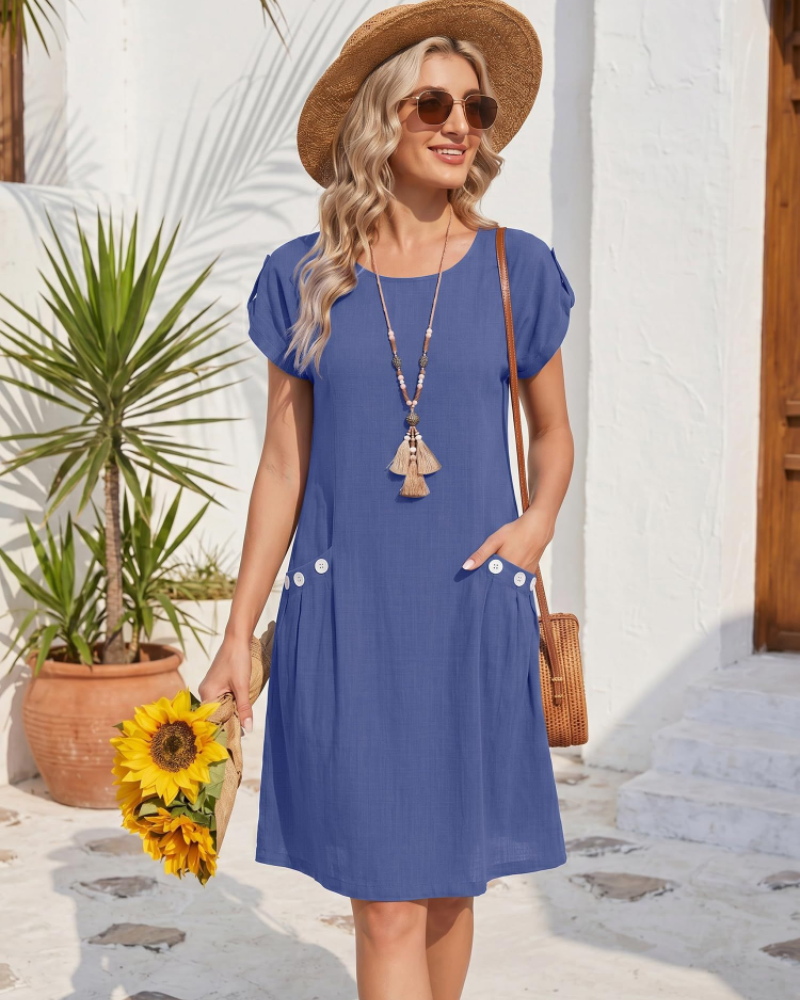 Juliette Vestito Donna Lino – Girocollo, Maniche Corte, Tasche con Bottoni & Linea A