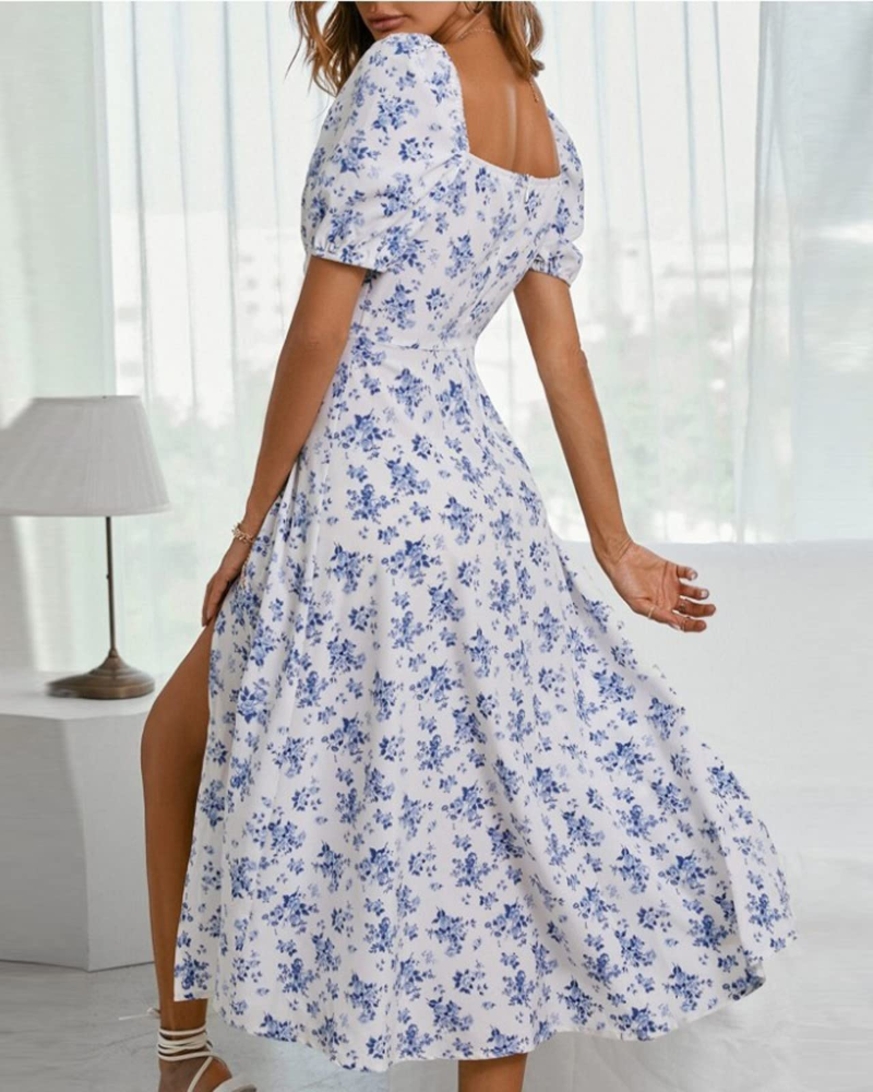 Delilah Robe Maxi Femme – Robe Bohème Florale avec Col Carré et Manches Courtes