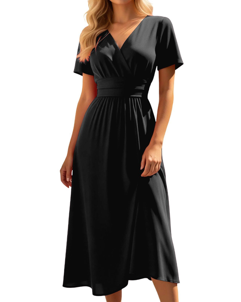 Robe midi pour femme Lillian – col en V, taille haute, coupe évasée et tissu léger