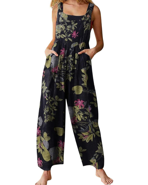 Amelia Salopette Donna – Jumpsuit Boho in Cotone Lino, Vestibilità Ampia e Stampa Floreale