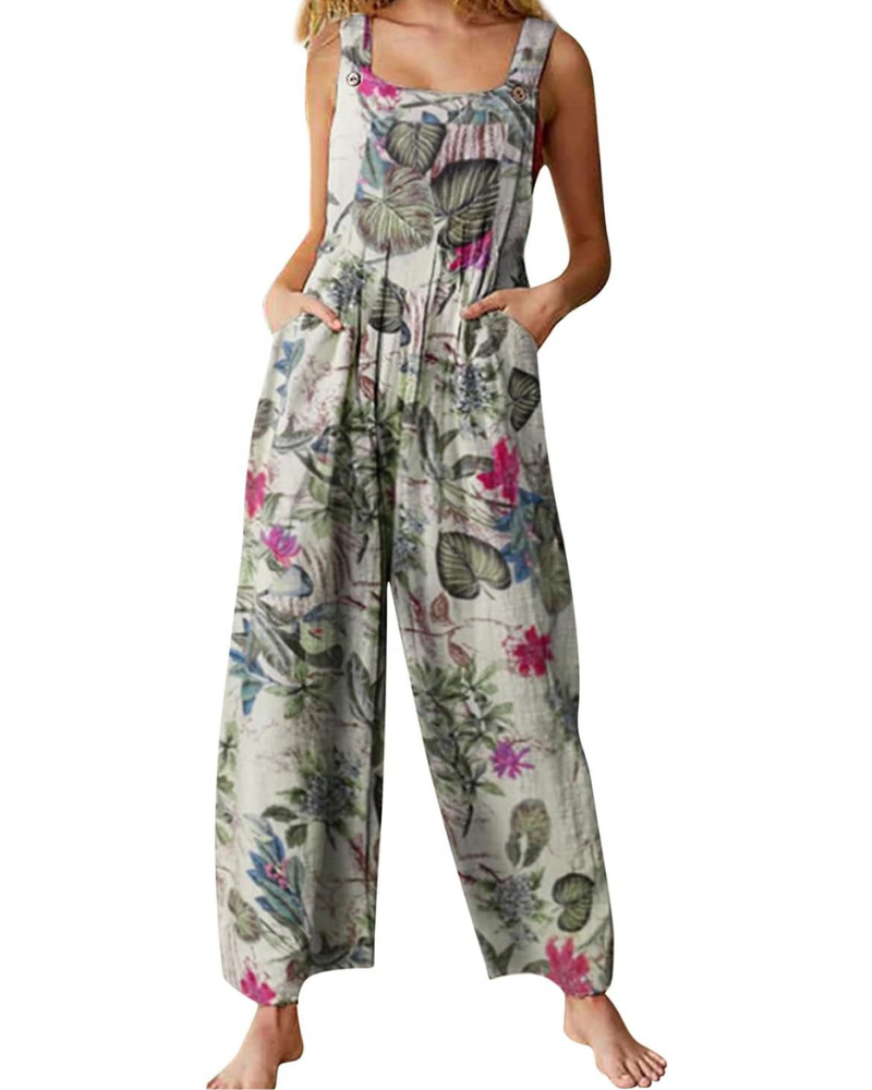 Amelia Salopette para mujer – Mono bohemio de algodón y lino, ajuste amplio y estampado floral