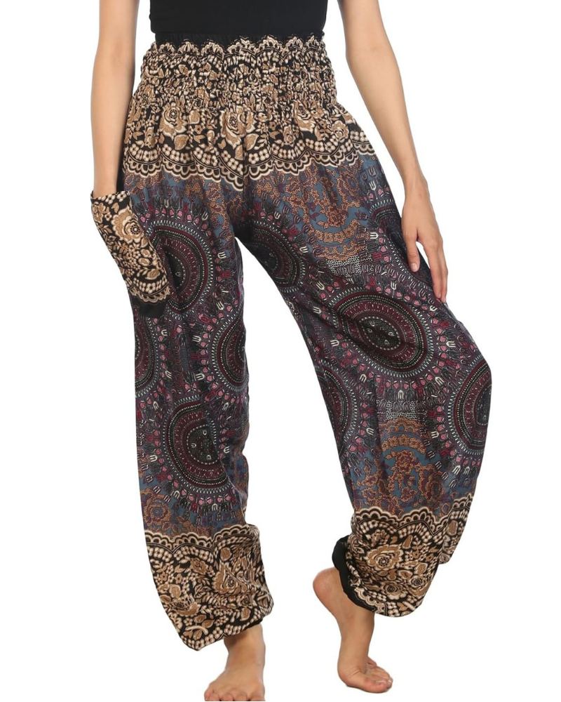 Chloe Women's Harem Pants – Boho Print, High Elastic Waist, and Side Pockets