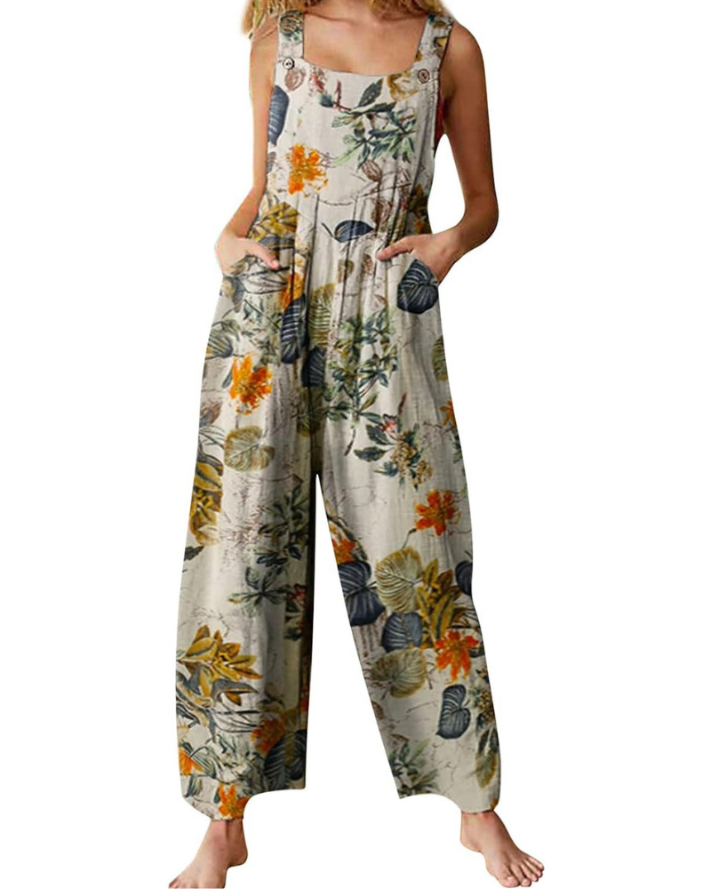 Amelia Salopette para mujer – Mono bohemio de algodón y lino, ajuste amplio y estampado floral