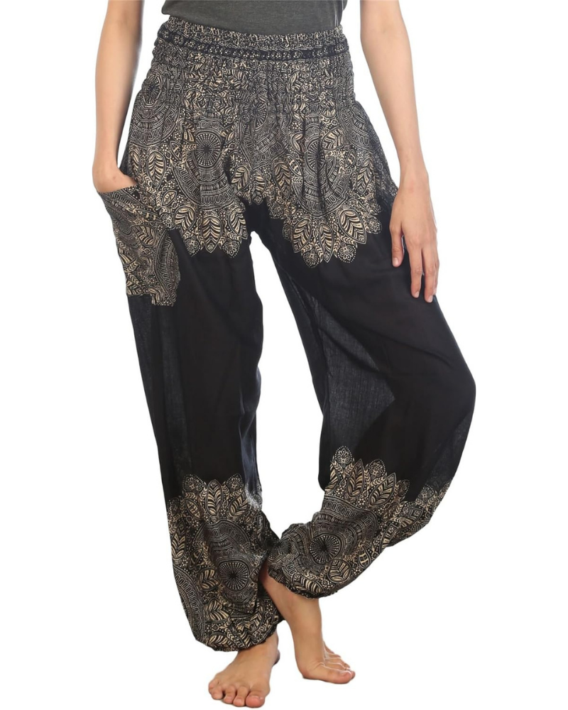 Chloe Women's Harem Pants – Boho Print, High Elastic Waist, and Side Pockets