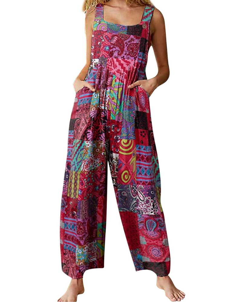 Amelia Salopette para mujer – Mono bohemio de algodón y lino, ajuste amplio y estampado floral