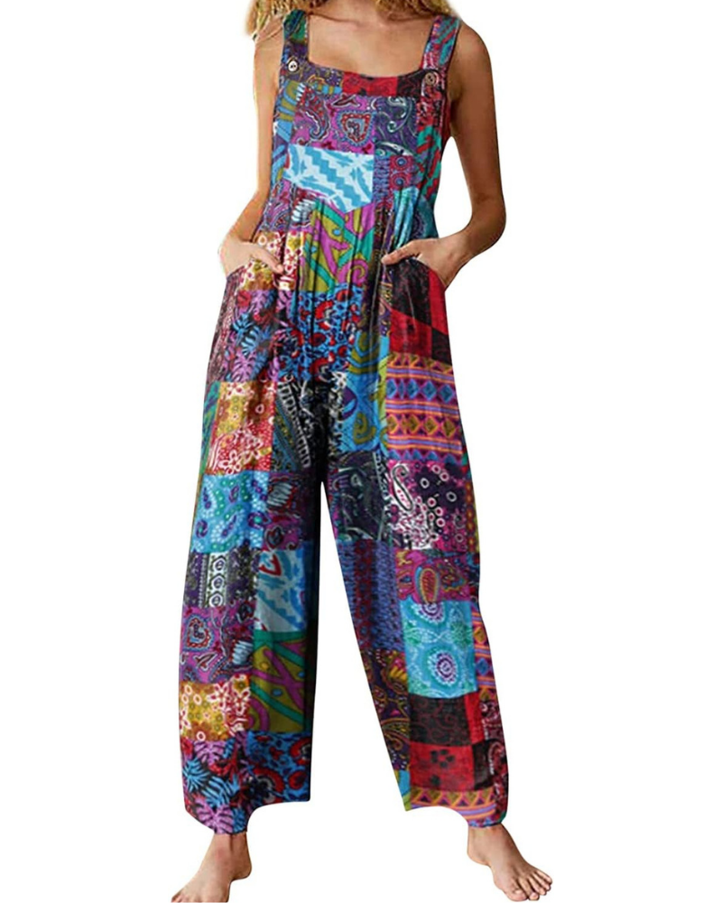 Amelia Salopette para mujer – Mono bohemio de algodón y lino, ajuste amplio y estampado floral
