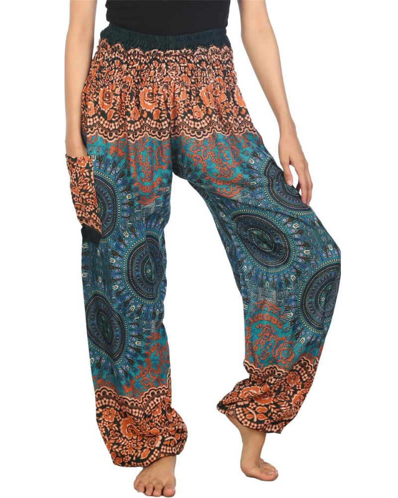 Chloe Women's Harem Pants – Boho Print, High Elastic Waist, and Side Pockets