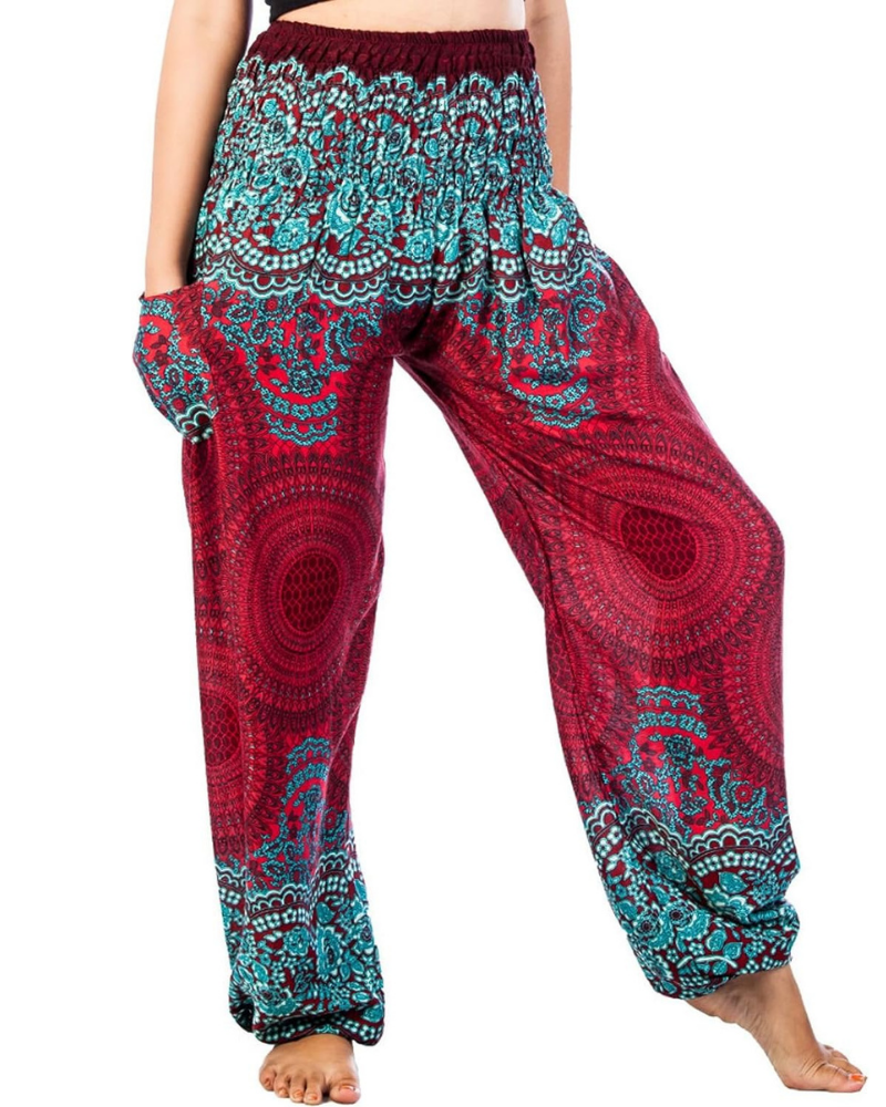Pantaloni Harem Chloe pentru femei – imprimeu boho, talie înaltă elastică și buzunare laterale