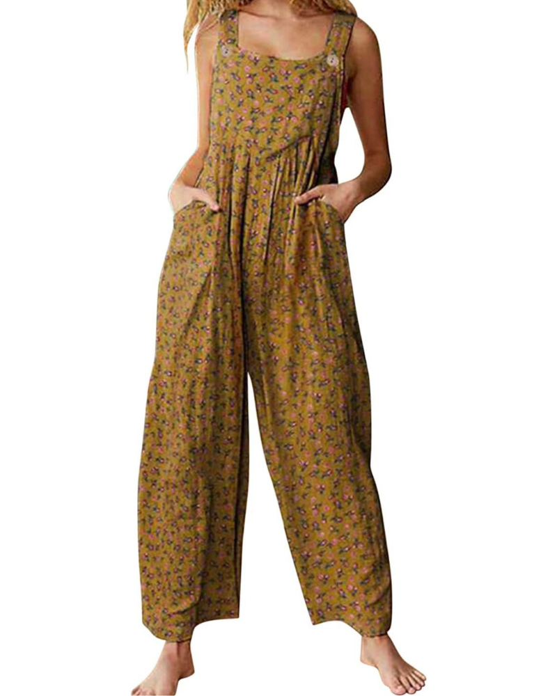 Amelia Salopette para mujer – Mono bohemio de algodón y lino, ajuste amplio y estampado floral