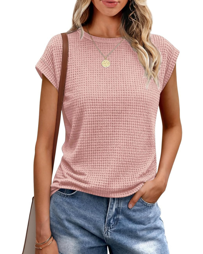 Γυναικείο T-Shirt Ophelia – Πλεκτό Τοπ Waffle με Στρογγυλή Λαιμόκοψη και Μανίκια με Άνοιγμα