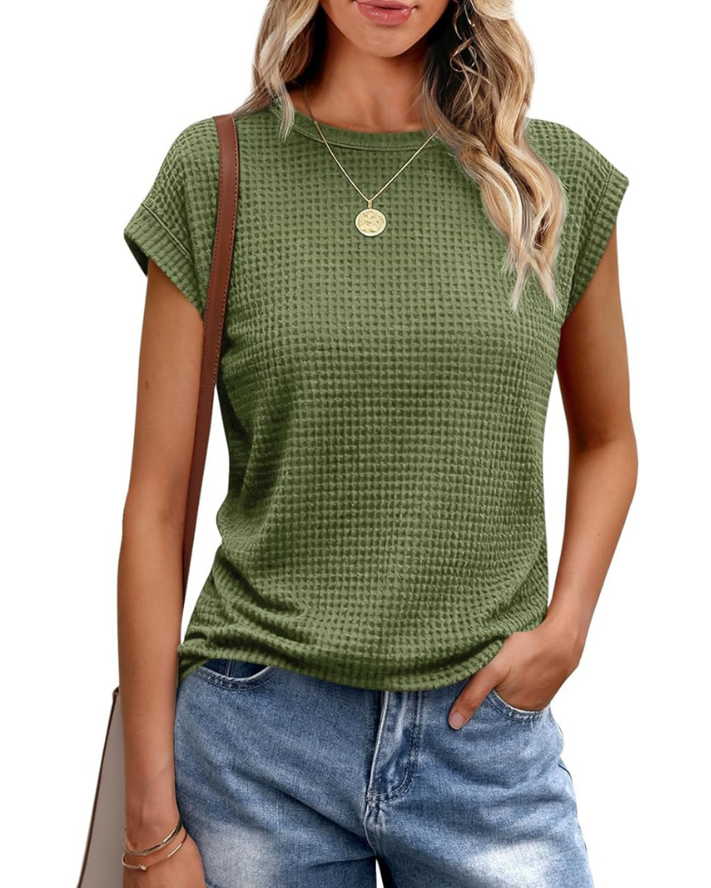 Γυναικείο T-Shirt Ophelia – Πλεκτό Τοπ Waffle με Στρογγυλή Λαιμόκοψη και Μανίκια με Άνοιγμα