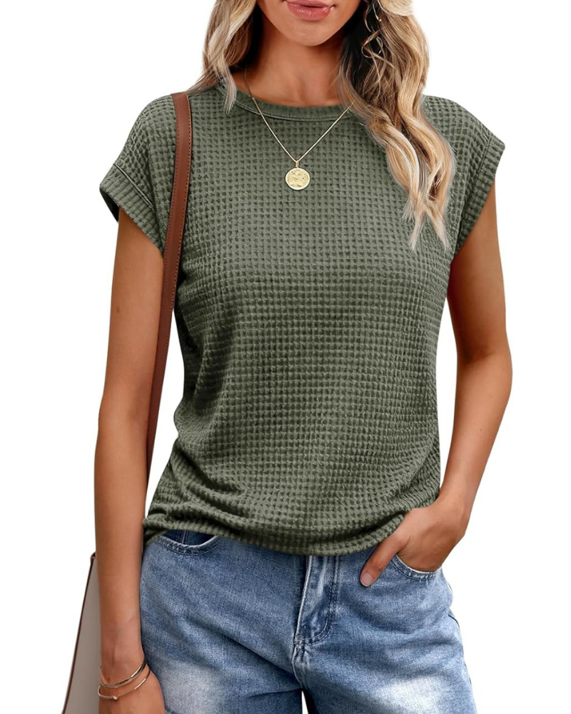 Γυναικείο T-Shirt Ophelia – Πλεκτό Τοπ Waffle με Στρογγυλή Λαιμόκοψη και Μανίκια με Άνοιγμα