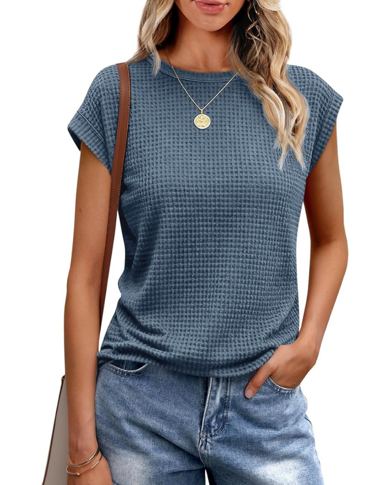 Γυναικείο T-Shirt Ophelia – Πλεκτό Τοπ Waffle με Στρογγυλή Λαιμόκοψη και Μανίκια με Άνοιγμα