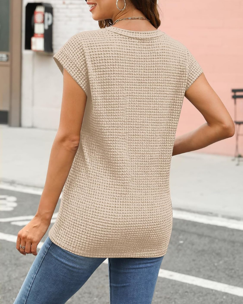 Γυναικείο T-Shirt Ophelia – Πλεκτό Τοπ Waffle με Στρογγυλή Λαιμόκοψη και Μανίκια με Άνοιγμα