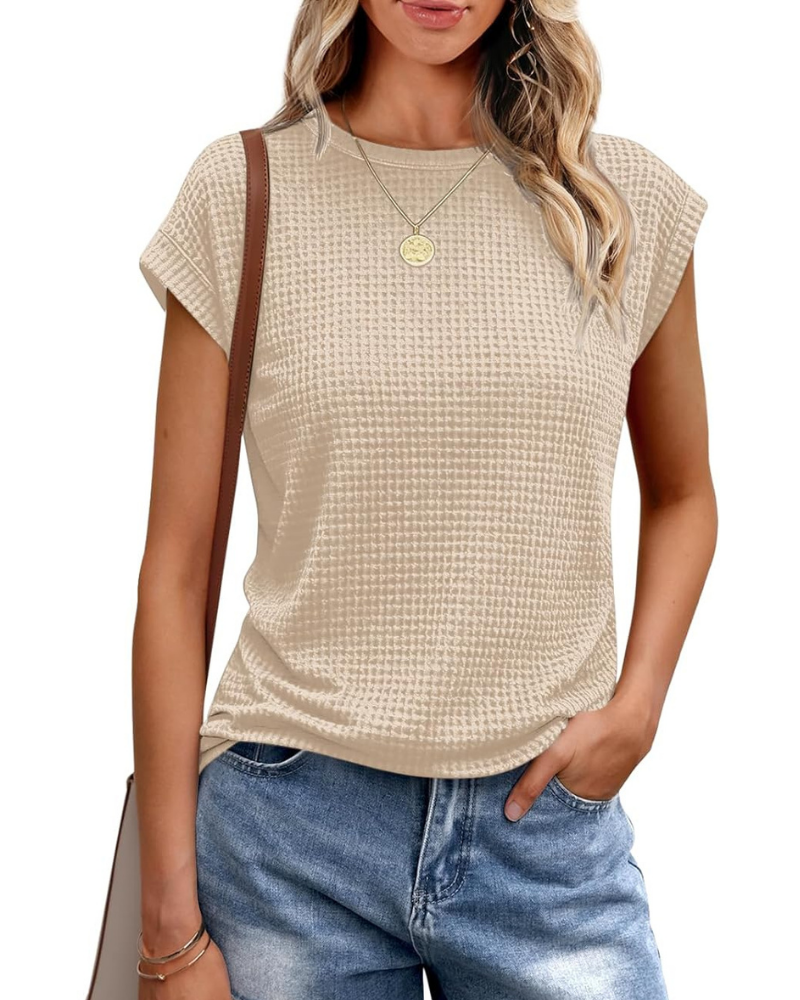 Γυναικείο T-Shirt Ophelia – Πλεκτό Τοπ Waffle με Στρογγυλή Λαιμόκοψη και Μανίκια με Άνοιγμα