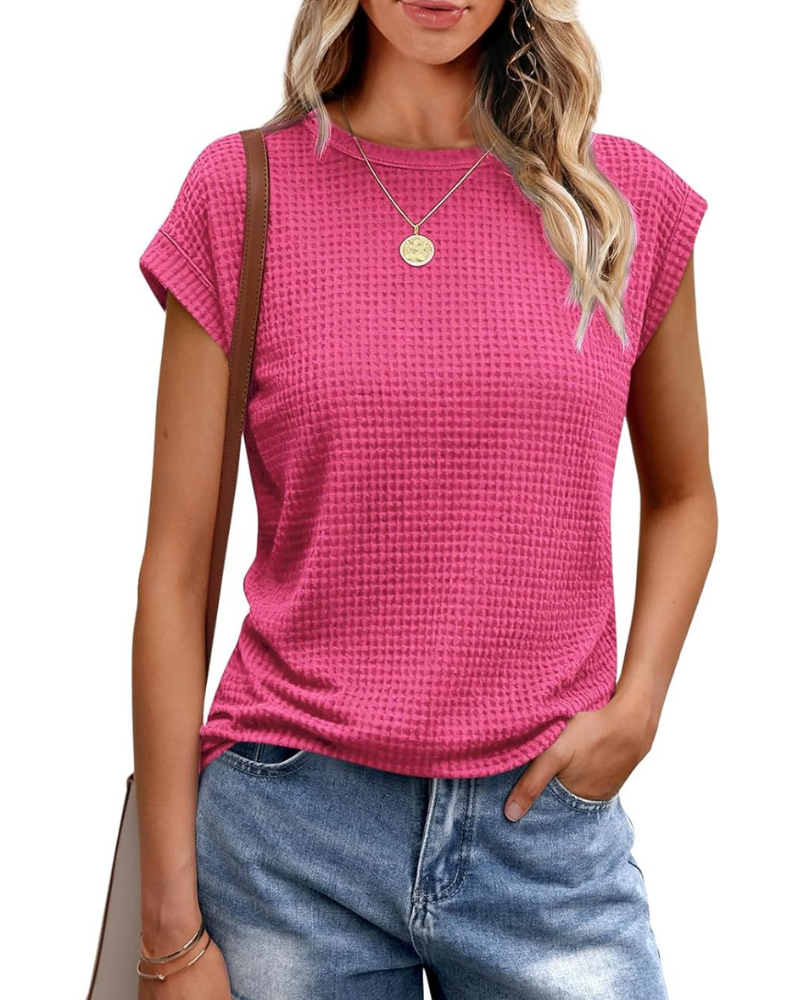 Γυναικείο T-Shirt Ophelia – Πλεκτό Τοπ Waffle με Στρογγυλή Λαιμόκοψη και Μανίκια με Άνοιγμα