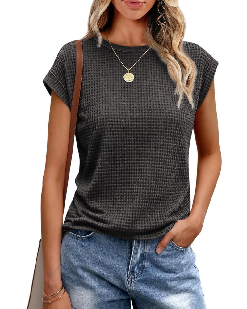 Γυναικείο T-Shirt Ophelia – Πλεκτό Τοπ Waffle με Στρογγυλή Λαιμόκοψη και Μανίκια με Άνοιγμα