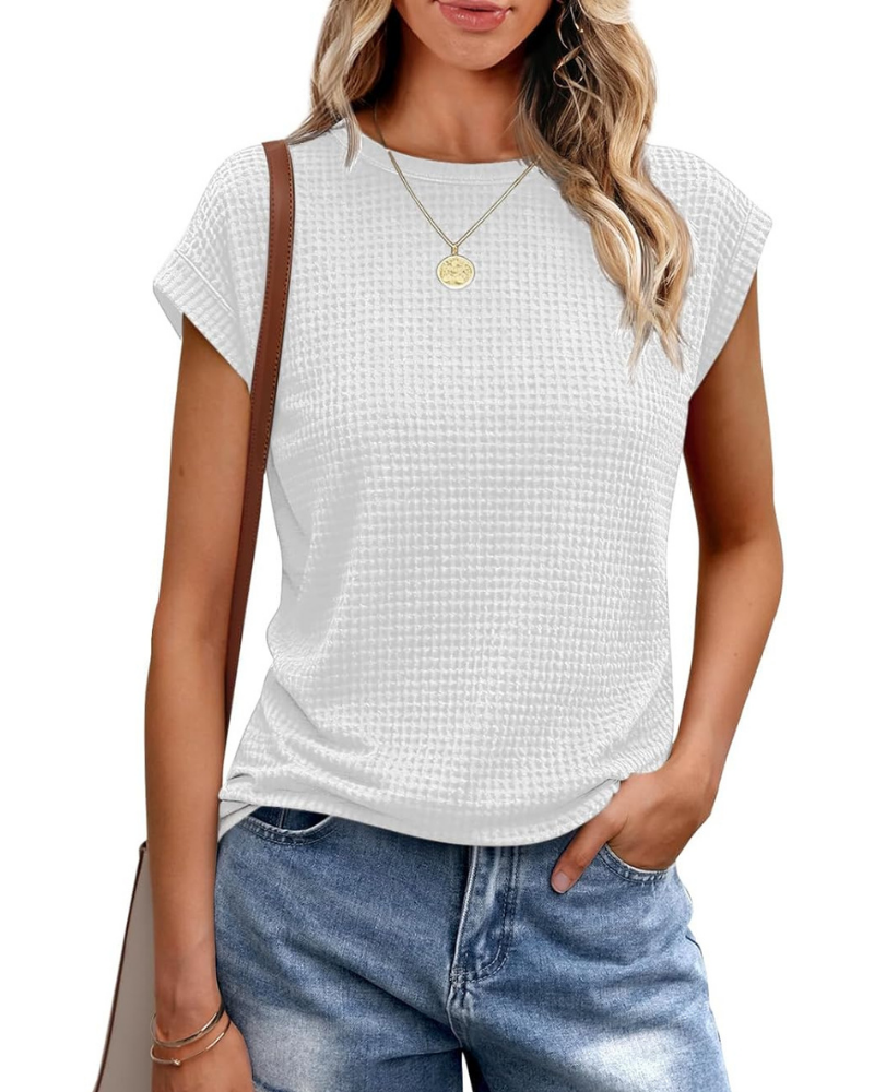 Γυναικείο T-Shirt Ophelia – Πλεκτό Τοπ Waffle με Στρογγυλή Λαιμόκοψη και Μανίκια με Άνοιγμα