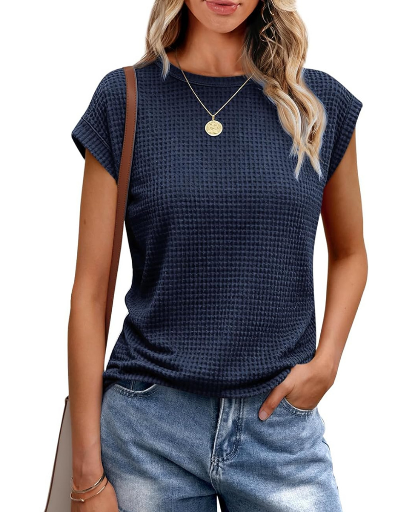 Γυναικείο T-Shirt Ophelia – Πλεκτό Τοπ Waffle με Στρογγυλή Λαιμόκοψη και Μανίκια με Άνοιγμα
