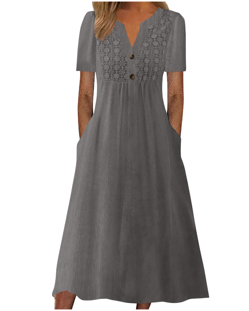 Vestido largo Shelby para mujer de algodón y lino – Escote en V, mangas cortas y corte amplio